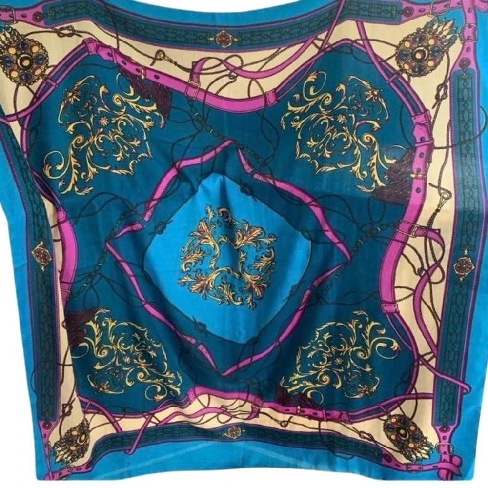 Equestrian Baroque Print Oversized Square Scarf Teal Blue Pink Belt Chain Tassel